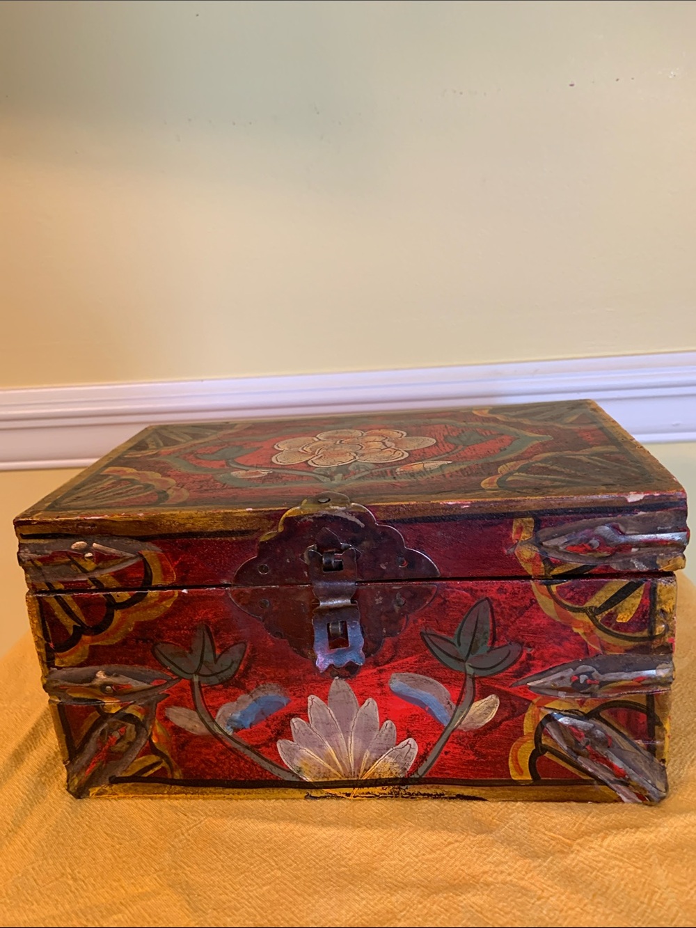 Vintage Hand-painted Asian 3 D Red Floral Vintage Wooden Gold Gilded Box